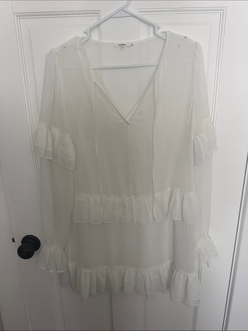 Tularosa White Sheer Ruffle Long-Sleeve Dress